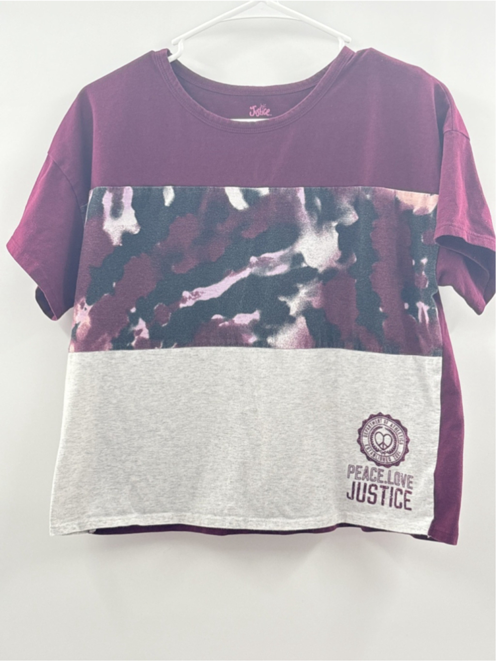 Justice Cropped Color Blocked Burgandy & Gray T-shirt Girl's Size L (12-14)